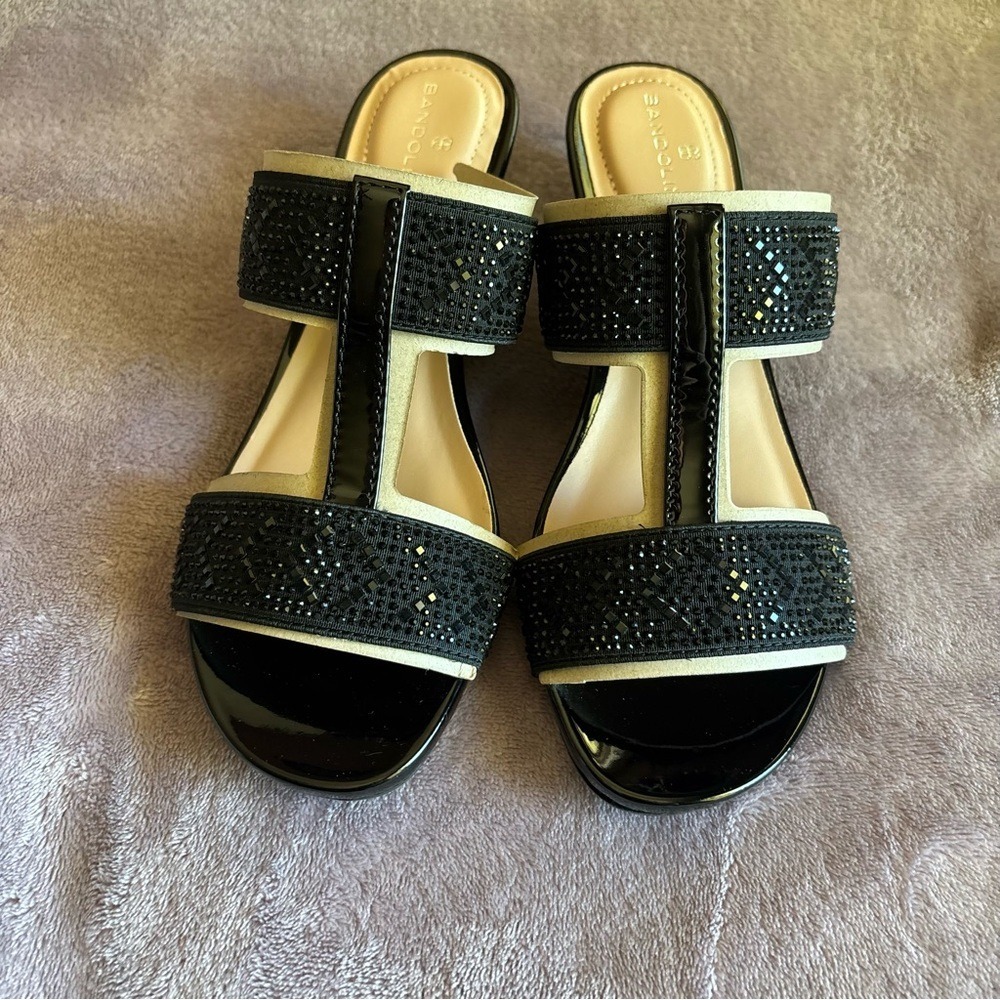 Bandolino BNILUVIT2 Black Rhinestone Wedge Sandals T-Strap Mules Womens 6M - Picture 4 of 10